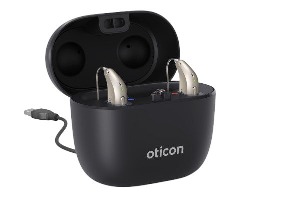 Oticon Smartcharger minirite mit Hoergeraeten und Ladekabel