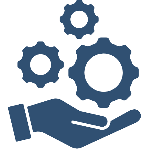 Blaues Icon mit geöffneter Hand und Zahnrädern darüber