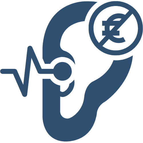 Blaues Icon mit Ohr, Schallwellen und durchgestrichenem Euro-Zeichen