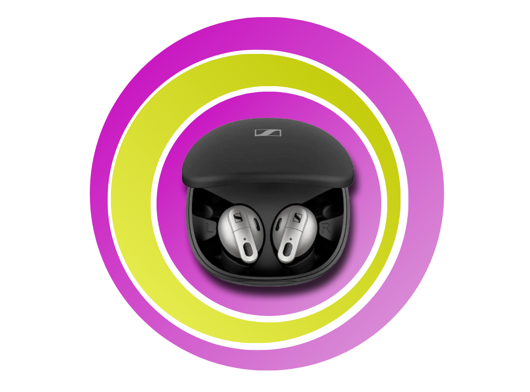 Magentafarbende und grüne Ringe mit dem Sennheiser ConC400 in der Mitte.