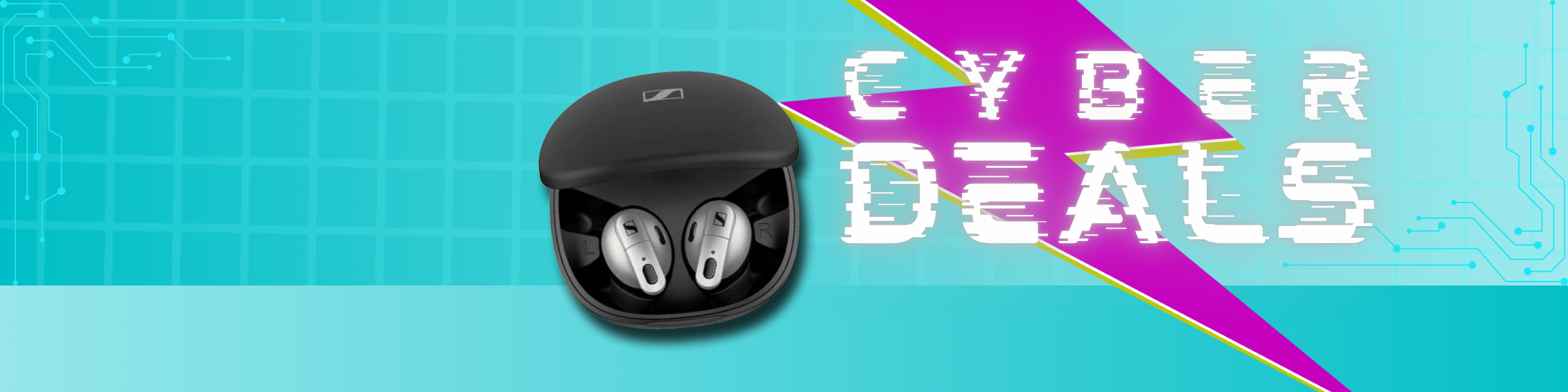 Türkisfarbender Hintergrund mit einem helltürkisenen Raster und türkisenen Platinenleitungen rechts und links in den Ecken, magentafarbender und grüner Blitz mit 