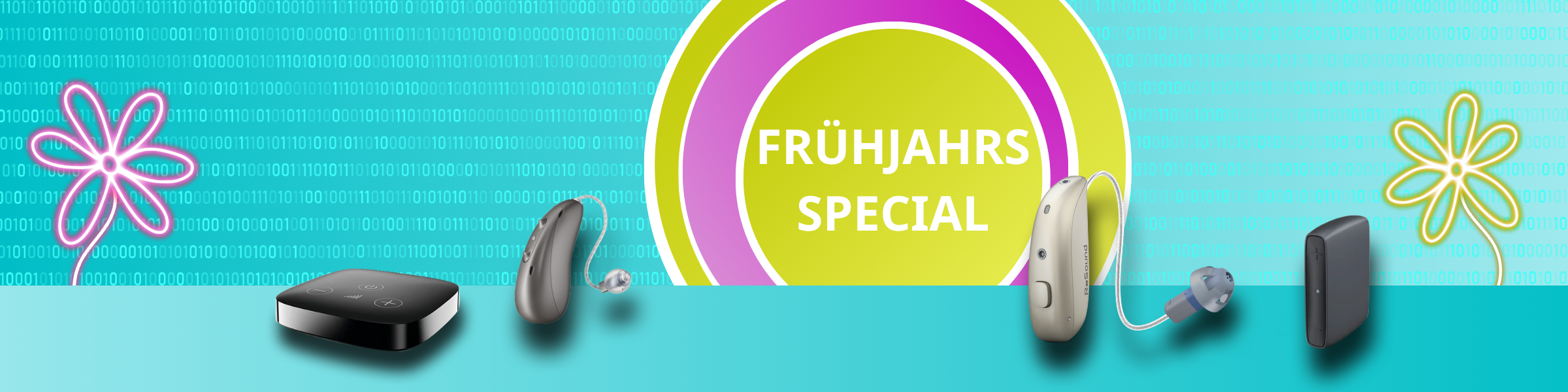 Herobanner Fruehjahrsspecial bei hear & now. Abgebildet sind ein Unitron Moxi Smile, ein Unitron Tv-Connector sowie ReSound Vivia 60S und ein eSound TV-Streamer+