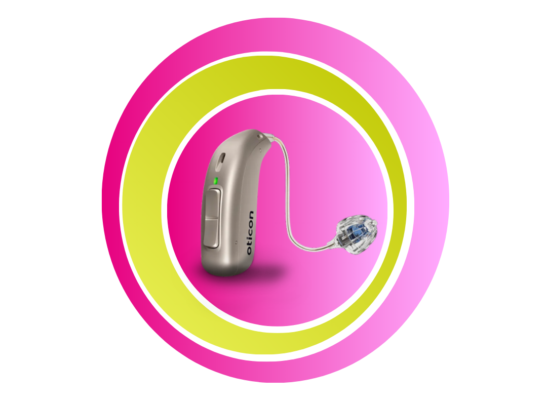 Pinke und grüne Ringe mit dem Oticon JET PX 2 miniRITE R in der Mitte.