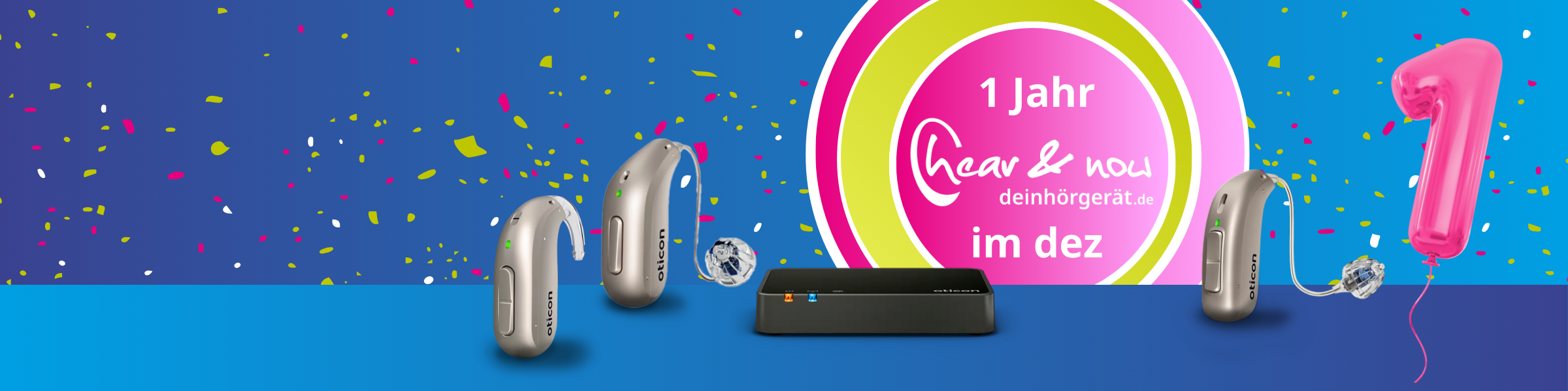 Blauer Farbverkauf mit Konfetti, pinke und grüne Ringe mit 