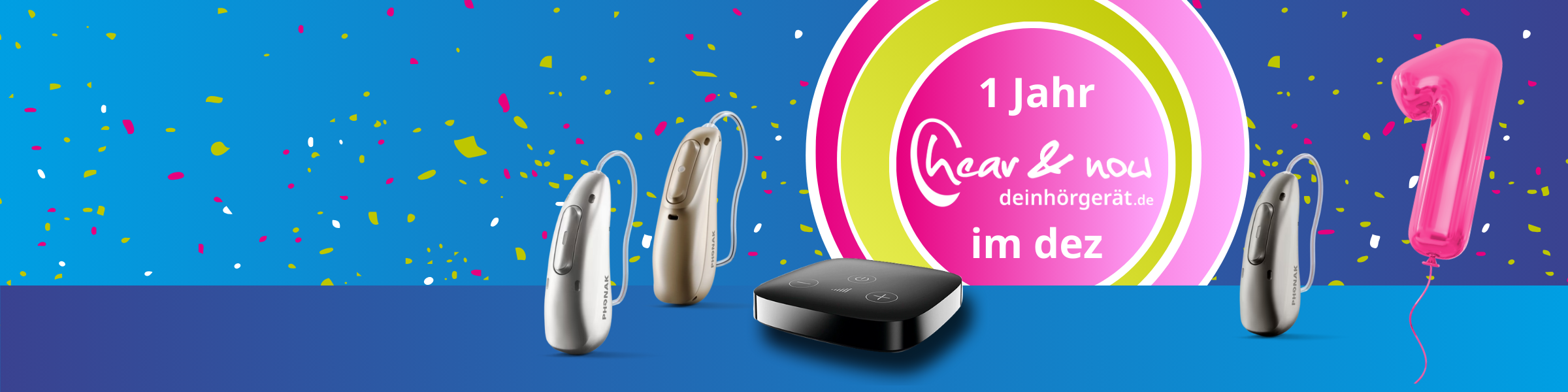 Blauer Farbverkauf mit Konfetti, pinke und grüne Ringe mit 