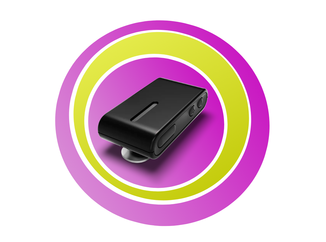 Pinke und grüne Kreise mit einem Oticon ConnectClip in der Mitte.