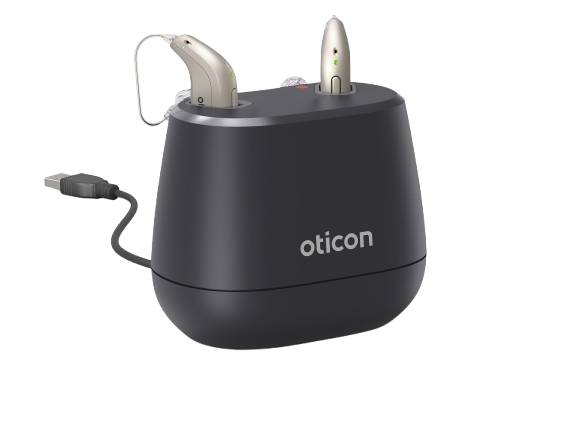 Oticon Desktopcharger mit Hoergeraeten und Ladekabel