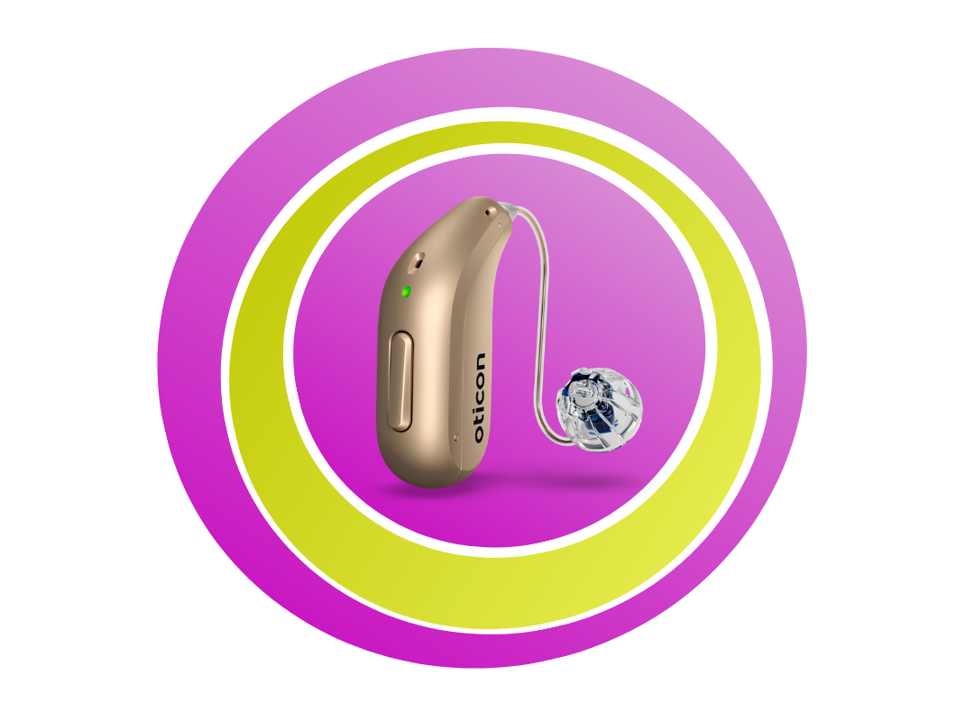 Pinke und grüne Kreise mit einem Oticon Intent in der Mitte.