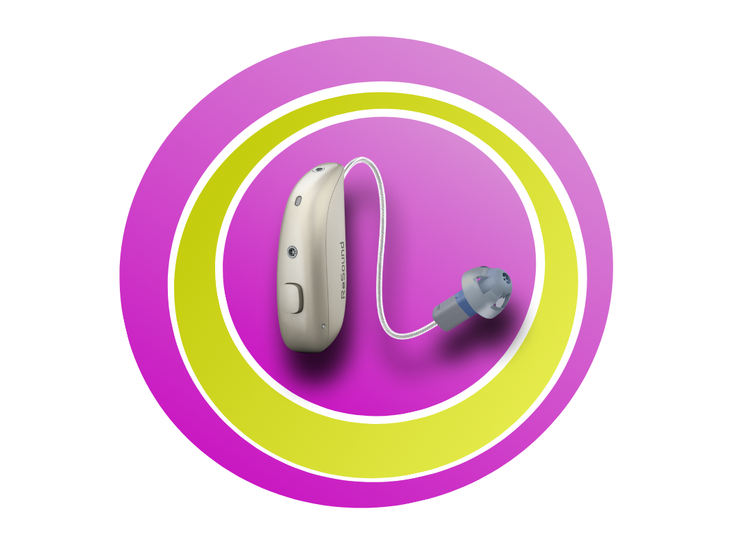 Pinke und grüne Kreise mit einem ReSound Vivia 960S in der Mitte.