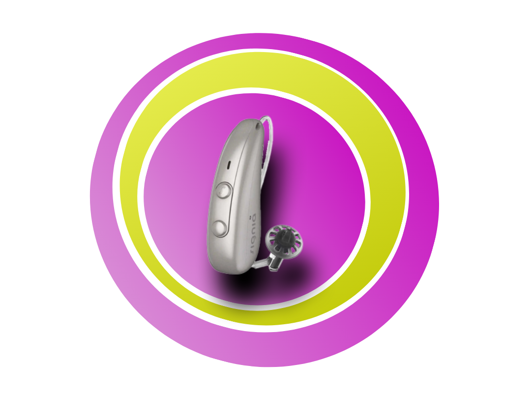 Pinke und grüne Kreise mit einem Signia Pure Charge&Go IX in der Mitte.