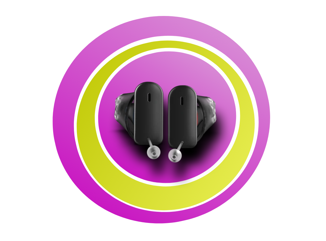 Pinke und grüne Kreise mit einem Signia Silk Charge&Go IX in der Mitte.