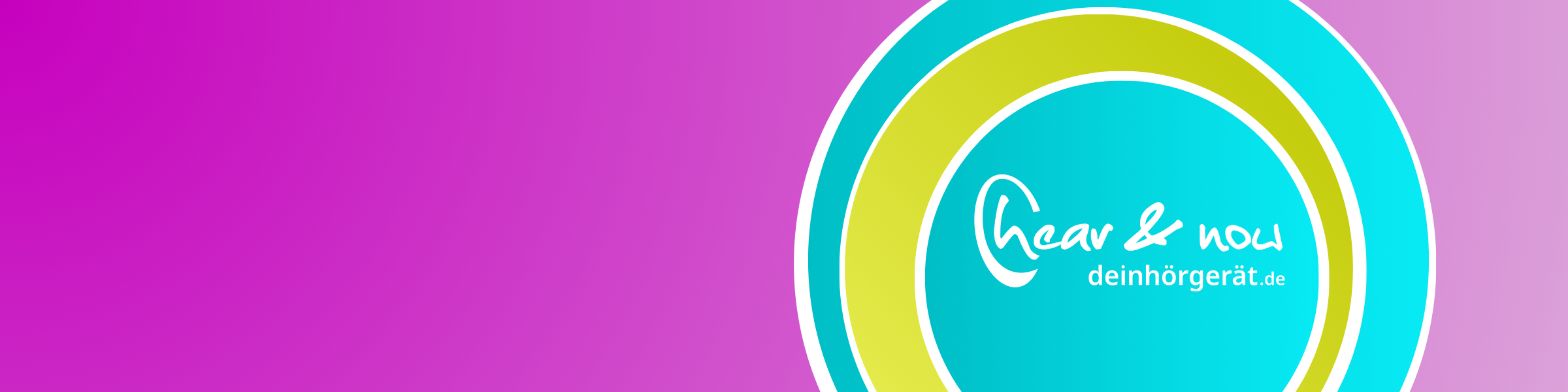 Türkisfarbende und grüne Kreise mit dem Hear & now Logo auf magentafarbenden Hintergrund.