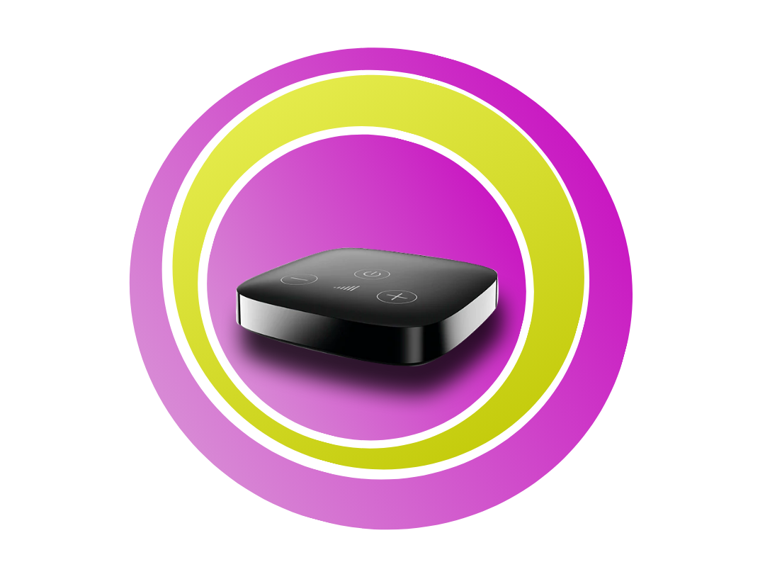 Pinke und grüne Kreise mit einem Unitron TV-Connector in der Mitte.