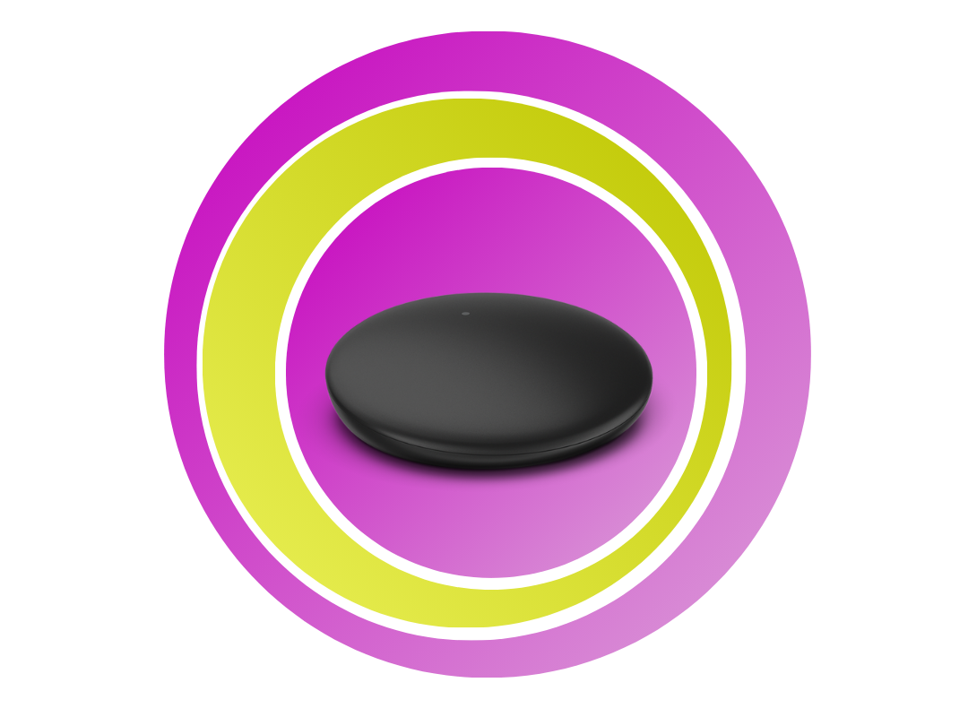 Magentafarbende und grüne Ringe mit dem Connexx TV Sound Signia Audio Service in der Mitte.