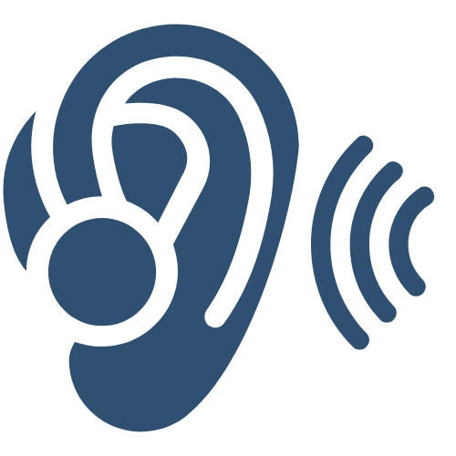 Blaues Icon mit Ohr mit Hoergeraet und Schallwellen 